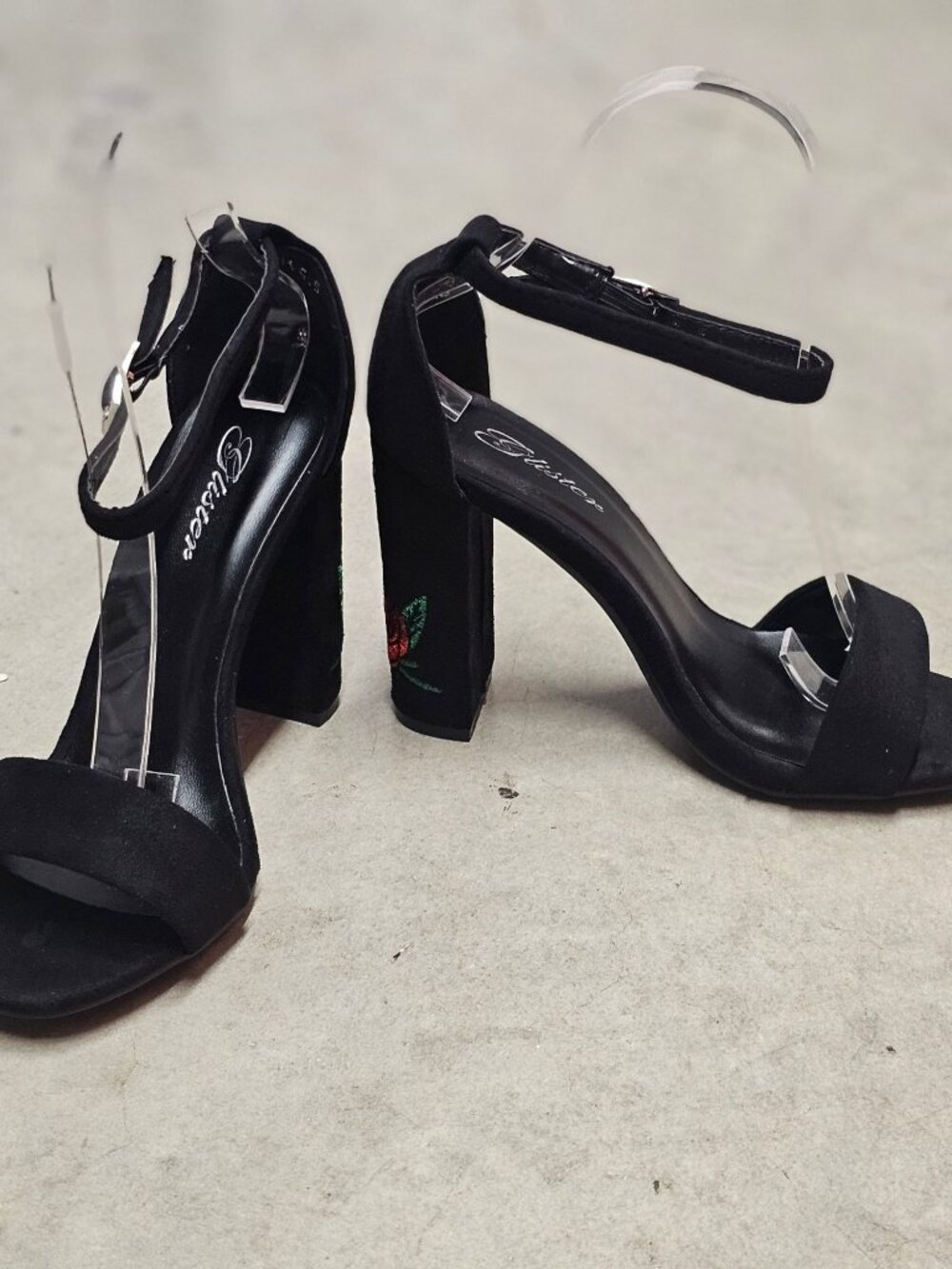 Black Faux Suede Block Heel Sandals With Rose Embroidery & Ankle Strap - Picture 2 of 13
